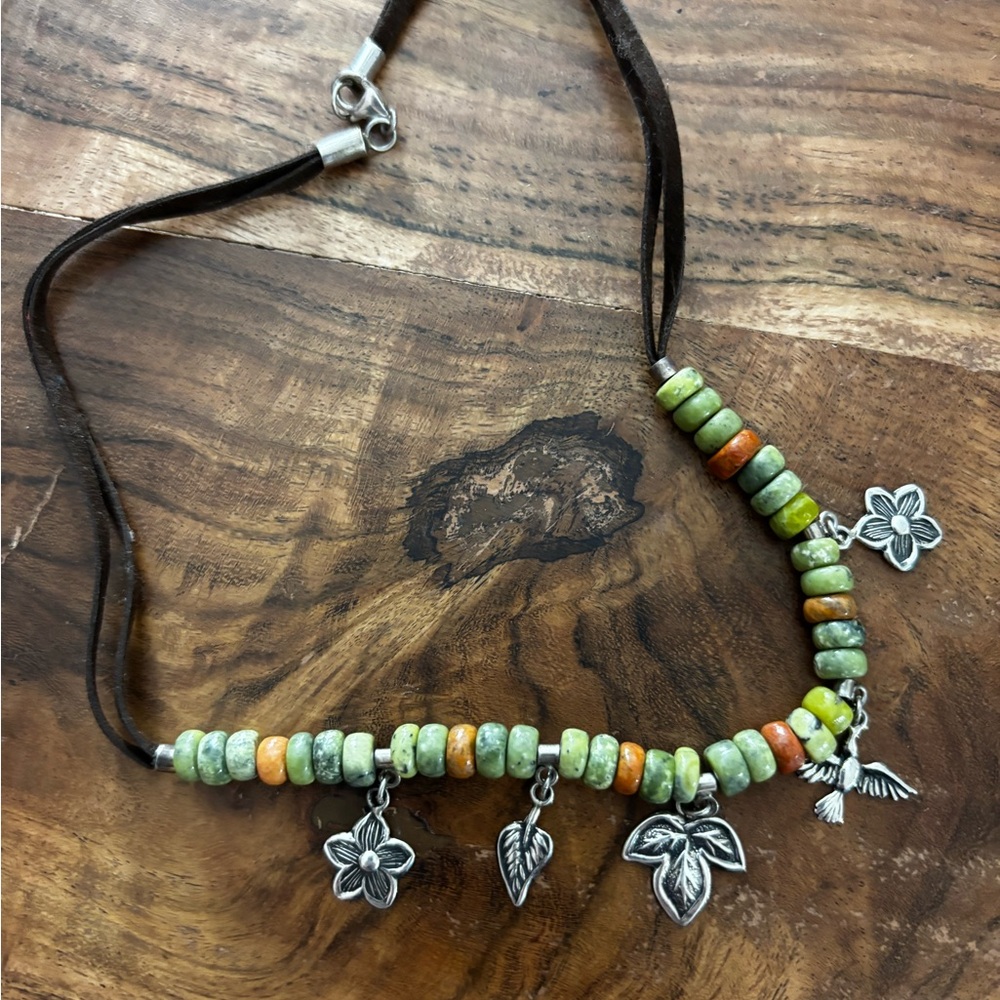 Handmade Green and Orange Beaded Charm Necklace for Women